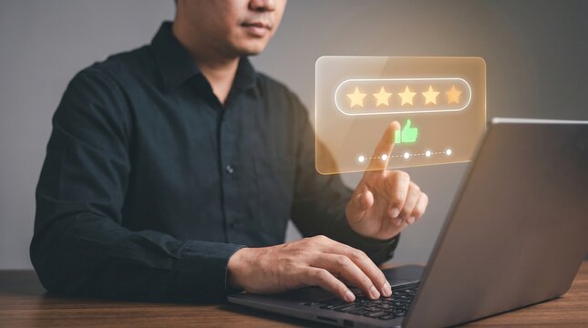 Man Types on Laptop and Touches Panel to Confirm Customer Rating, Display Five Star Score, Show Thumbs Up Icon, Track Progress Steps, and Analyze Service Satisfaction Feedback