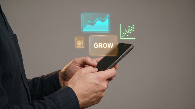 Man Holds Smartphone in Hands to Grow Savings Finance, Display Rising Line Chart, Show Calculator Icon, Track Scatter Plot, and Analyze Investment Growth Data