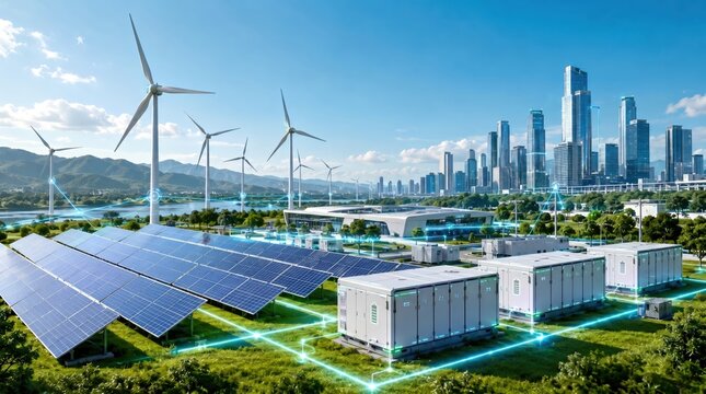Wind turbine and solar panel array with battery storage technology integrated into a modern smart city infrastructure creates a sustainable ecosystem for commercial energy and power transition use.