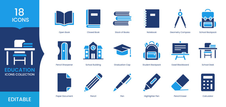 Education School Icons Set, Learning Study Supplies Editable Vector Collection, Academic Flat Icons Pack