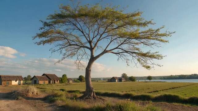 Large trees and thatched houses beside the fields, a tranquil breeze in an African village