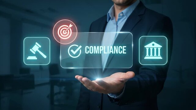 Businessman Presents Digital Compliance Icons in Office to Ensure Legal Standards, Verify Regulatory Rules, Support Corporate Governance, Meet Audit Requirements, and Reduce Risk