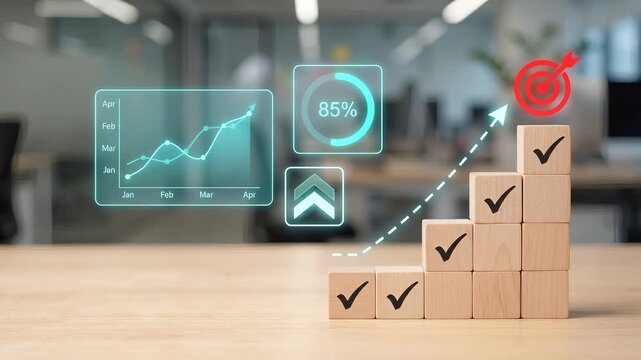 Wooden Blocks Form Ascending Steps on Office Desk to Show Business Growth, Track Goal Progress, Mark Completed Milestones, Visualize Success Stages, and Support Strategic Planning
