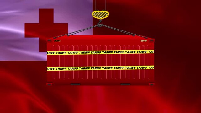 Tonga Trade and Tariff Symbol: A shipping container, marked with TARIFF tape and hoisted by a crane, is superimposed on the flag of Tonga, symbolizing trade and customs regulations.