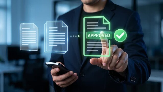 Businessman Holds Smartphone in Office to Approve Digital Documents, Sign Paperless Contracts, Verify File Requests, Confirm Business Agreements, and Streamline Office Workflow