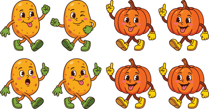 Retro vintage potato and pumpkin cartoon character vector set with funny vegetable mascot illustration elements