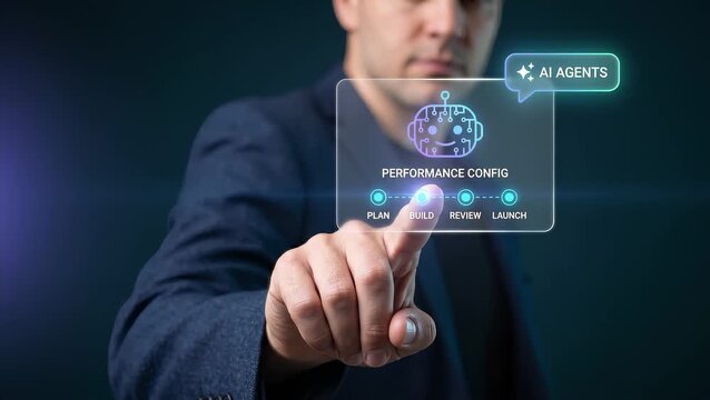 Businessman Touches Digital Screen in Office to Configure Performance Settings, Plan Build Stages, Review System Status, Launch Project Workflow, and Streamline Business Operations