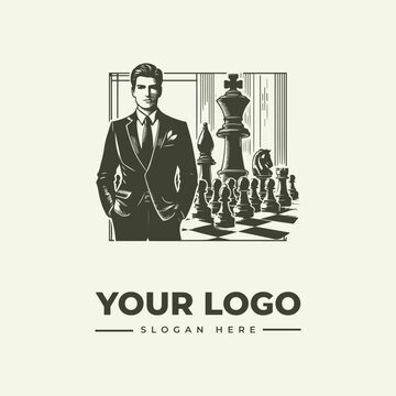 Professional businessman standing next to a large chess set representing strategic thinking and leadership.