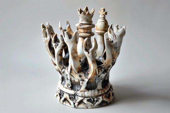 Ceramic crown featuring chess pieces, blending royalty and strategy, symbolizing power and intellectual prowess