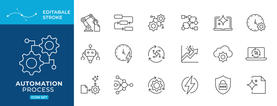 Automation Process Icon Set, Thin line editable stroke vector collection for workflow automation business systems DevOps process flow and SaaS dashboards