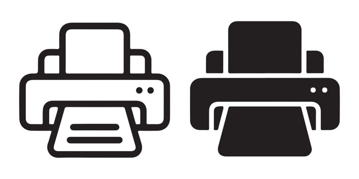 Professional office printer device black icon set in linear and solid styles for digital documents print.