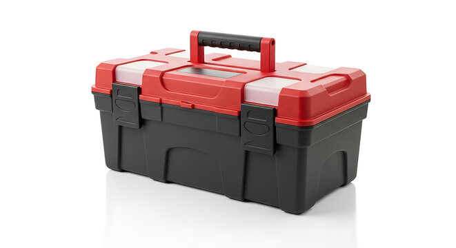 Red and black portable utility tool box with handle and latches for hardware storage and organization isolated on a clean white background rendered by generative artificial intelligence