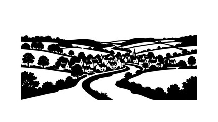 Obraz premium Black and white silhouette of a rural village landscape with hills