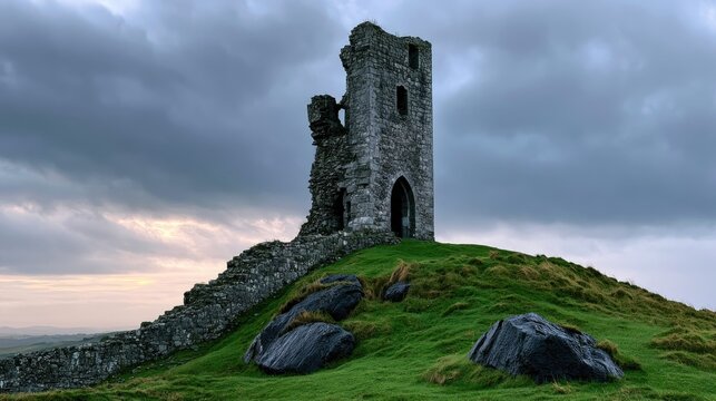 Crumbling stone tower atop a grassy hill under dramatic clouds