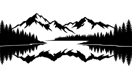 Fototapeta premium Mountain Landscape Silhouette with Lake Reflection and Pine Forest