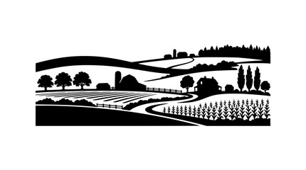 Obraz premium Rural Farm Landscape Silhouette with Barns Fields and Hills