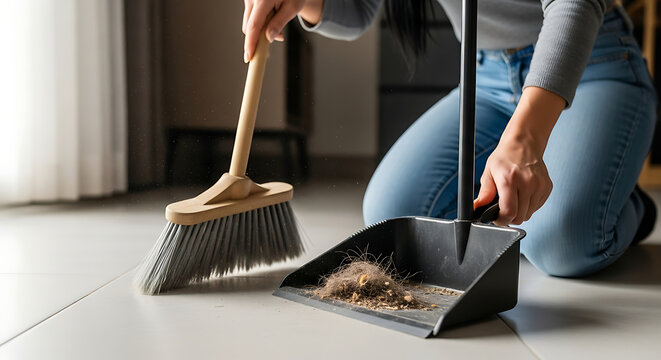Close up macro view of a diligent female worker sweeping wooden parquet flooring using a traditional yellow bristle broom and black plastic dustpan during a routine domestic household chore.