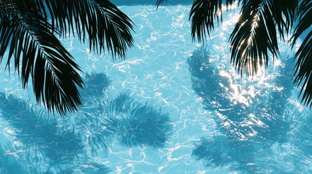 Sunny pool with palm fronds casting shadows on turquoise water