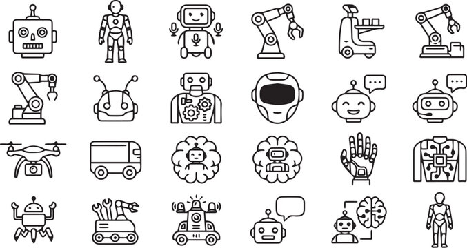 black and white robot icons set