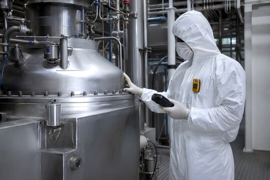 Protective Suit Technician Inspecting Reactor Equipment In Clean Plant