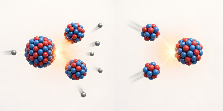 Nuclear Fission and Fusion Reaction Comparison Illustration