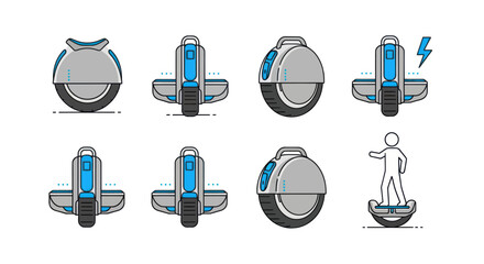 Modern electric unicycle wheel transport vehicle icon set. © Adera