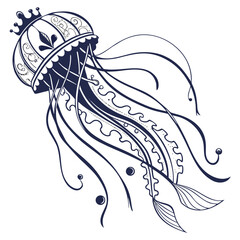 Stylized jellyfish with ornate crown and detailed tentacles illustration jellyfish creature decorative illustration underwater tentacles © Ar