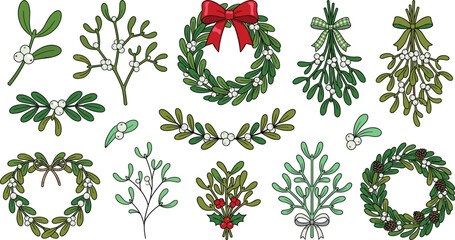 Christmas Mistletoe Vector Icon Set with Holiday Wreaths, Green Leaves, and White Berries for Festive Winter Graphic Designs © Ruhul