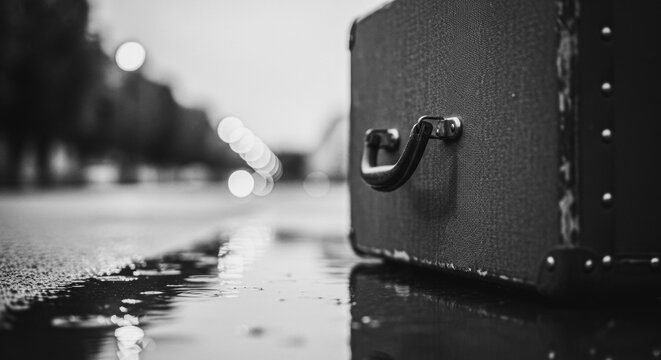 Vintage suitcase on a wet city street at night