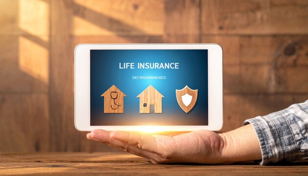 Digital tablet displays life insurance icons&mdash;health, home, and security&mdash;blue background with golden tones, symbolizing protection, trust, and technology safeguarding essential aspects of human well‑be