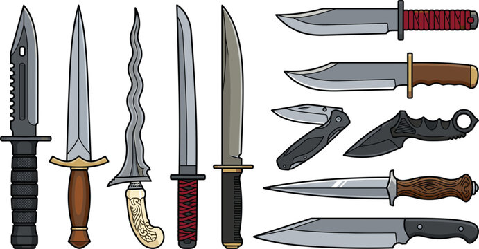 Combat and Hunting Knife Vector Icon Set with Tactical Daggers Bowie Knives Kris and Survival Blade Graphic Designs