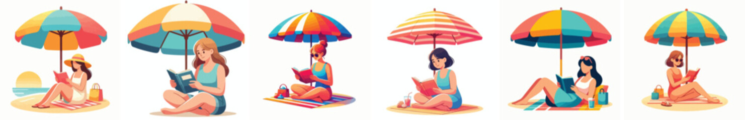 Vector of a woman reading a book under a beach umbrella. Summer theme. Vector, illustration, minimalist, flat © Dan