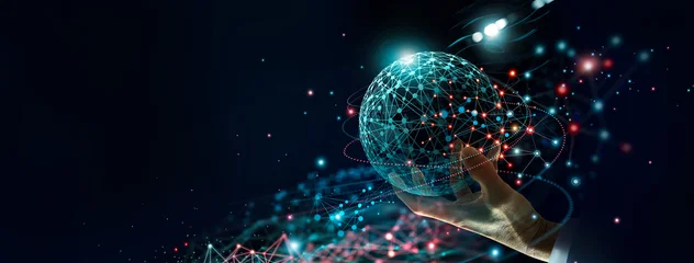 Fototapeten Restaurant Abstract, Big data network and AI technology, Algorithm and deep learning, Innovation and Data science, Businessman touch a data flow on global network and Fast connection. The world is in your hands.  © ipopba