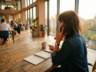 Fototapeta premium Freelancer calling phone while writing notes modern sunlit office photography