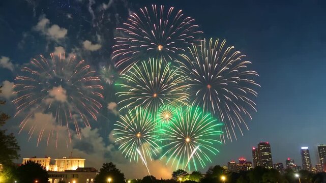 Brilliant fireworks bloom in the city night sky Brilliant fireworks bloom in the city night sky