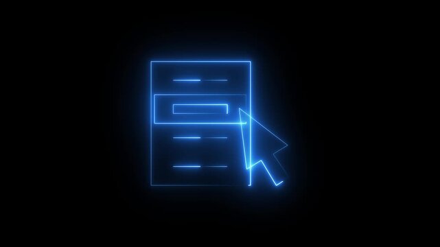 Neon blue digital document icon with a pen on a dark background