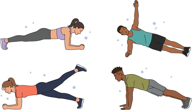Core Workout Vector Set with Diverse People Performing Plank Variations Side Plank High Plank and Forearm Plank Leg Lifts for Fitness Designs