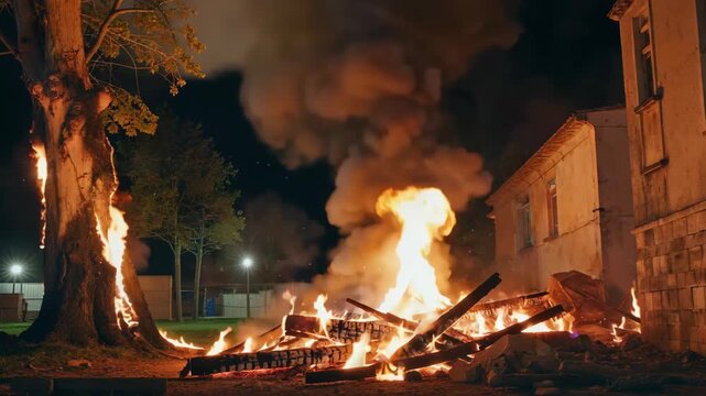 Outdoor night fire burning scene building fire scene