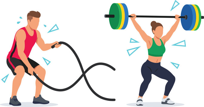 Crossfit Functional Training Vector Set with Man Undulating Battle Ropes and Woman Performing Snatch Barbell Squat Overhead Weightlifting Exercise