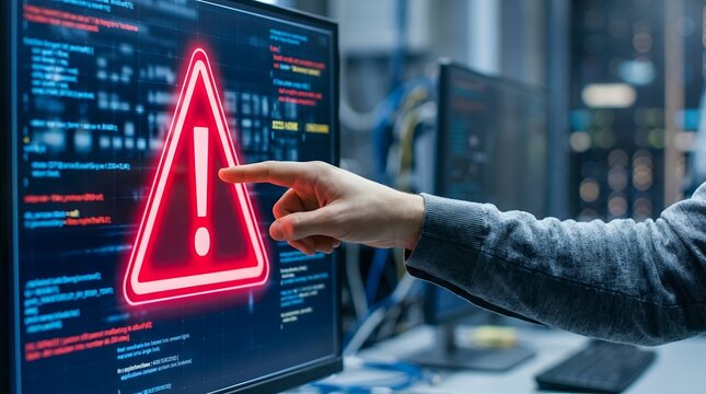 Hand pointing at a large red warning sign with an exclamation mark on a computer monitor.
