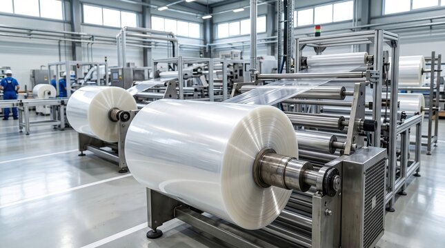 Plastic film rolls in modern packaging factory