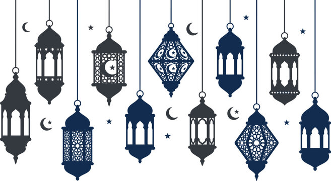 Islamic Hanging Ramadan Lantern Vector Icon Set with Fanous Lamps Crescents and Stars Ornaments for Eid Mubarak and Holy Month Holiday Card Designs