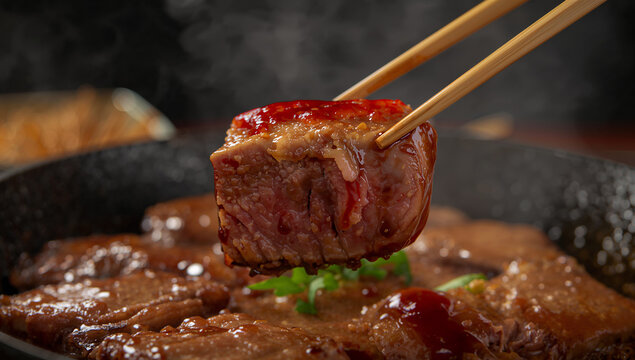Juicy beef steak cube held with wooden chopsticks delicious restaurant culinary nutrition gastronomy prepared appetizing seasoned marinated traditional
