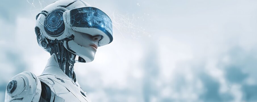 A humanoid robot wears a stylish VR headset on a smooth, bright background featuring digital network elements.