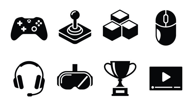 Gaming Vector Icons Featuring Black Video Game Controller, Joystick, VR Headset and Trophy Set for Sports Design.