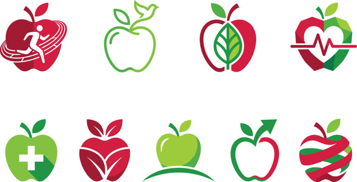 Creative Apple Logo Icon Set for Health, Wellness, Fitness, Nutrition, Medical Clinics, Organic Diet Products, and Healthy Lifestyle Branding Vector Designs