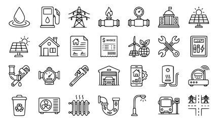Fototapeta premium Public Utility Services Outline Icons Collection with Energy Water Gas and Property Management Symbols