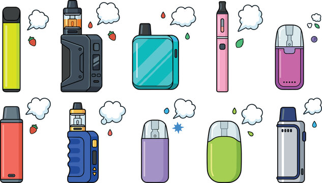 Electronic Cigarette and Vape Vector Icon Set with Disposable Pod Systems Box Mods and Vapor Smoke Clouds