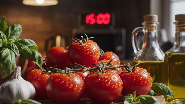 Fresh red cherry tomatoes on vine with garlic, basil and olive oil on a wooden board in a kitchen setting.
