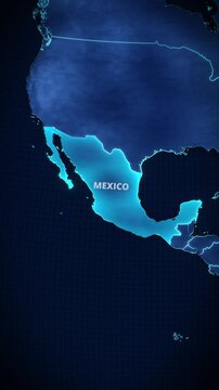 Vertical digital map of Mexico featuring glowing cyan borders and text on a dark blue tech grid, perfect for short-form social media travel content, mobile app promos, and digital advertising.
